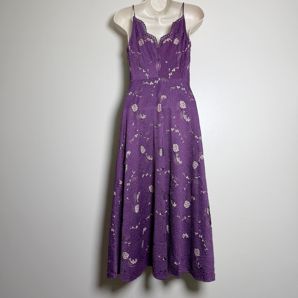 Moulinette Soeurs Anthropologie Purple Lace Midi Dress Scalloped V-Neck Size 2 - Picture 5 of 15